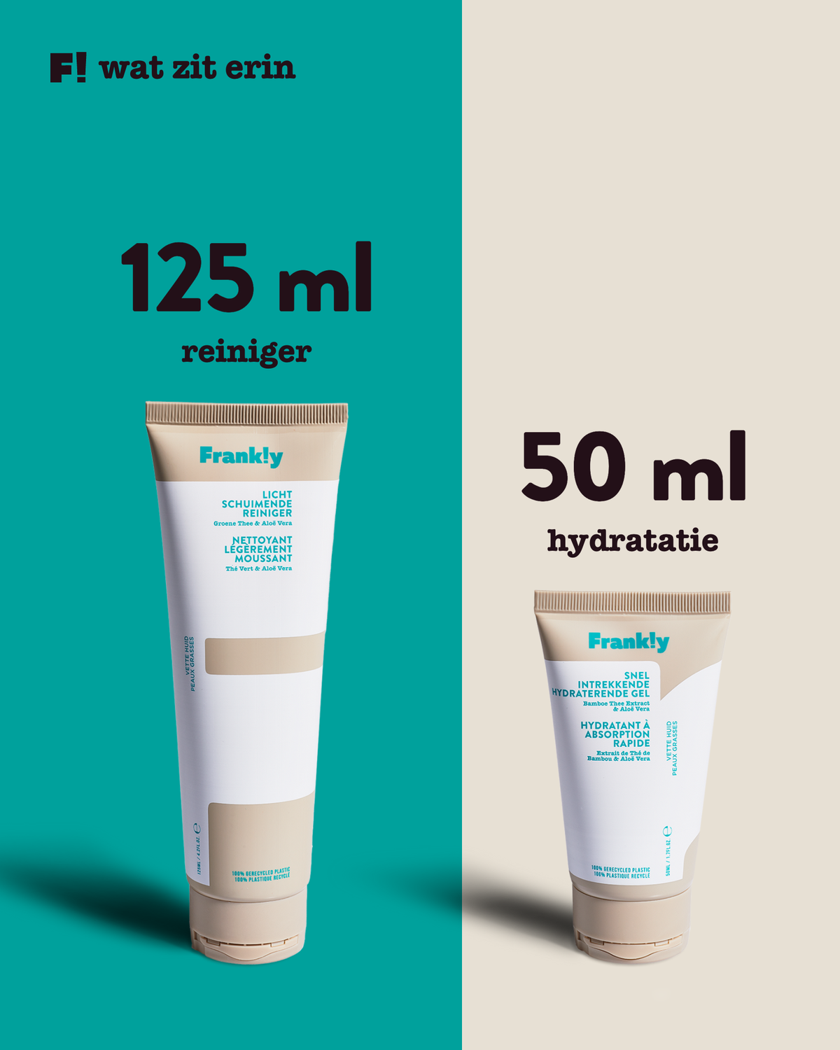 De Licht Schuimende Reiniger van 125 ml en de Snel Intrekkende Hydraterende Gel van 50 ml naast elkaar, met hun inhoud erboven.