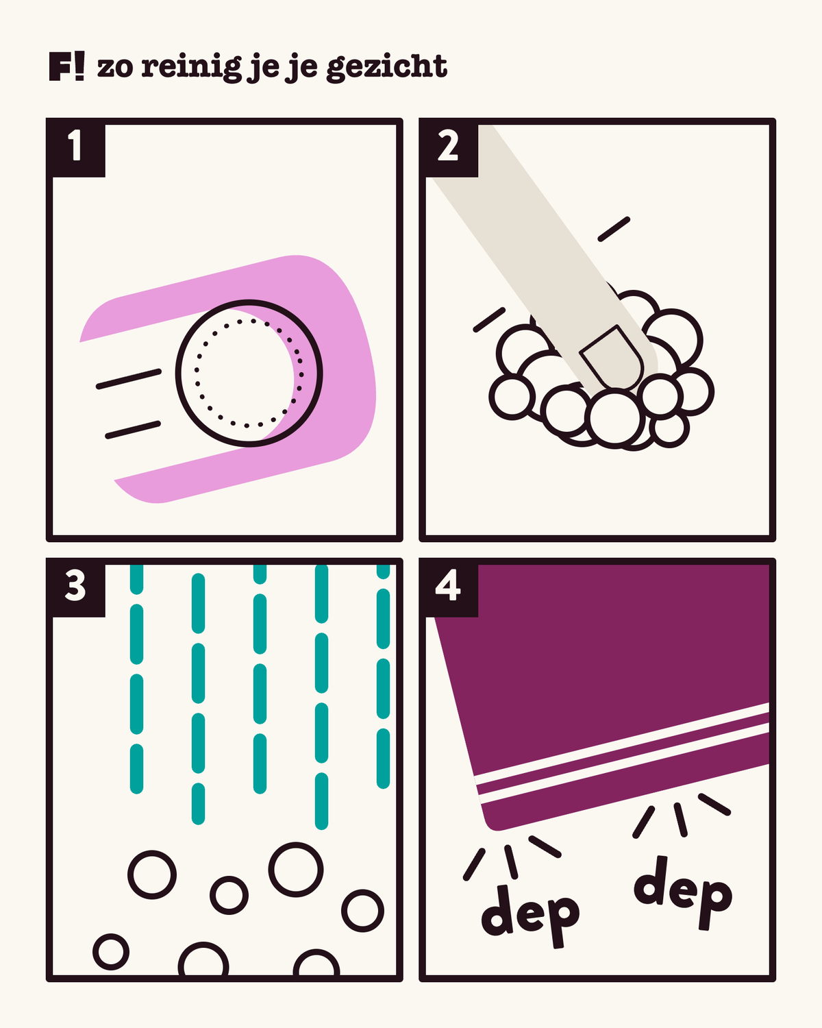 Een stripje van vier vakjes: een wattenschijfje veegt een schone baan door een roze veeg make-up, een vingertop masseert schuim in, water spoelt de laatste bellen weg, en een handdoek dept de huid droog.