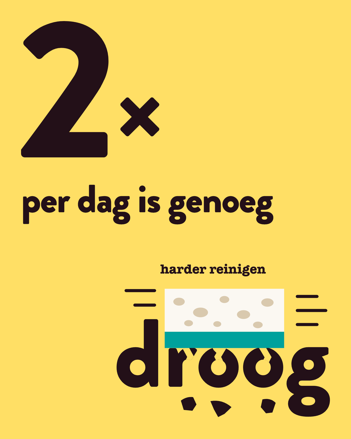 Groot 2× per dag is genoeg, met daaronder een schuursponsje dat over het woord droog schuurt; de letters zijn gebarsten en er vallen brokjes vanaf.