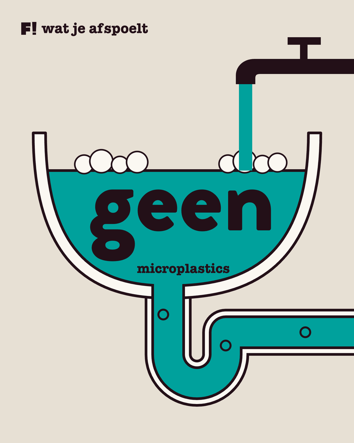 Doorsnede van een wastafel met schuimend water dat via de zwanenhals wegloopt; in het water staat groot het woord geen, met daaronder microplastics.