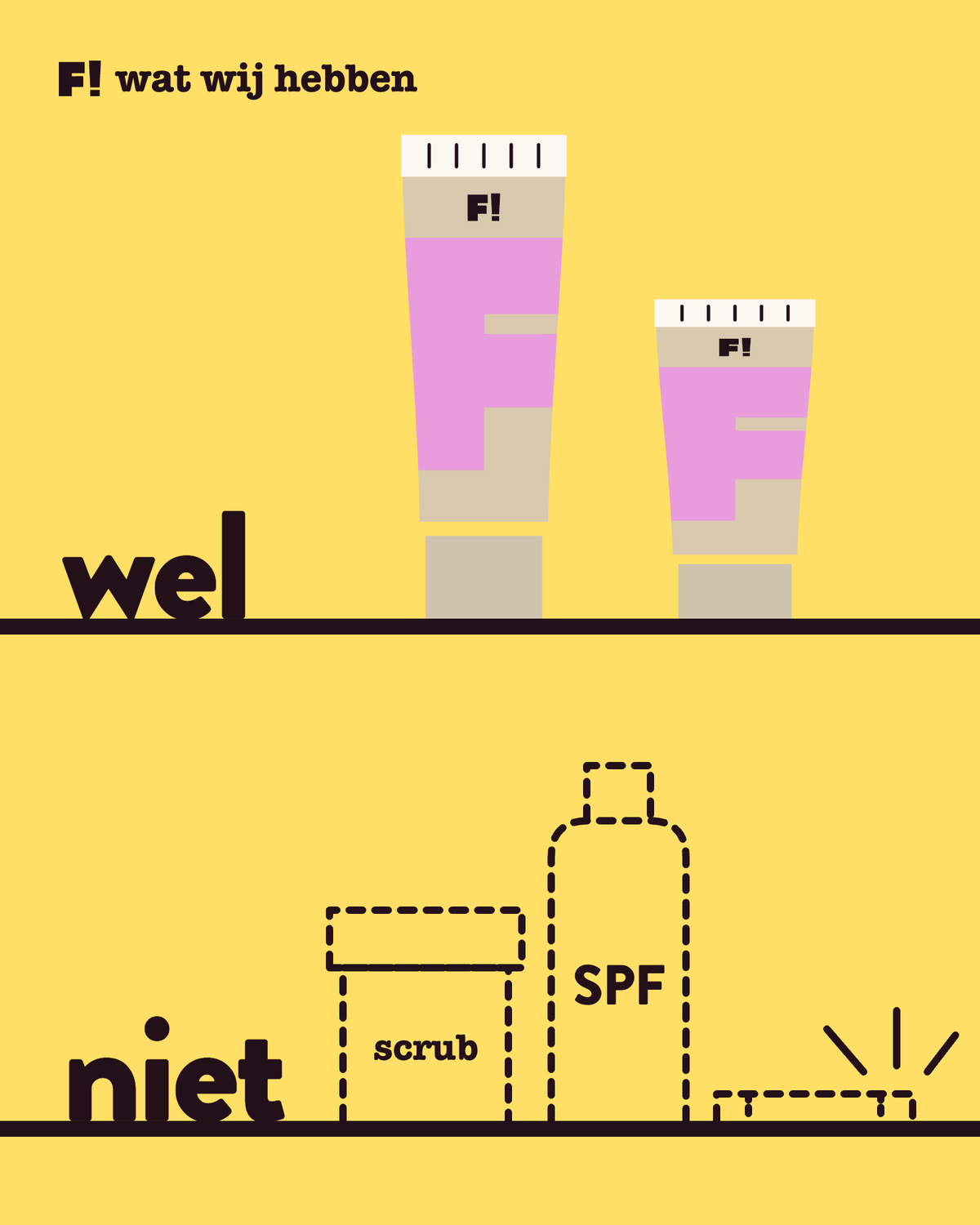 Een schap met twee planken: boven wel, met twee roze tubes; onder niet, met alleen de gestippelde omtrek van een scrubpotje, een fles SPF en een toverstokje.